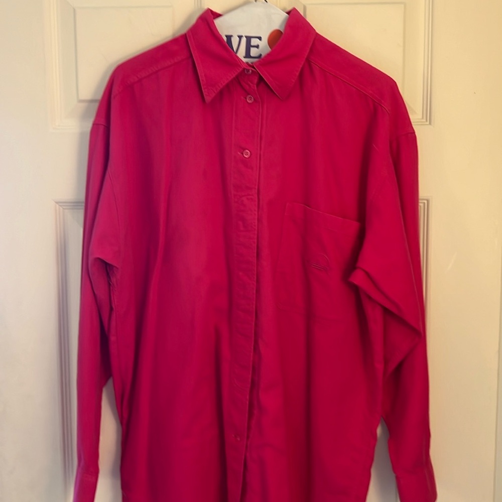 Vintage Bogner Woman’s size 8/38 fuschia button-down brushed cotton shirt.
